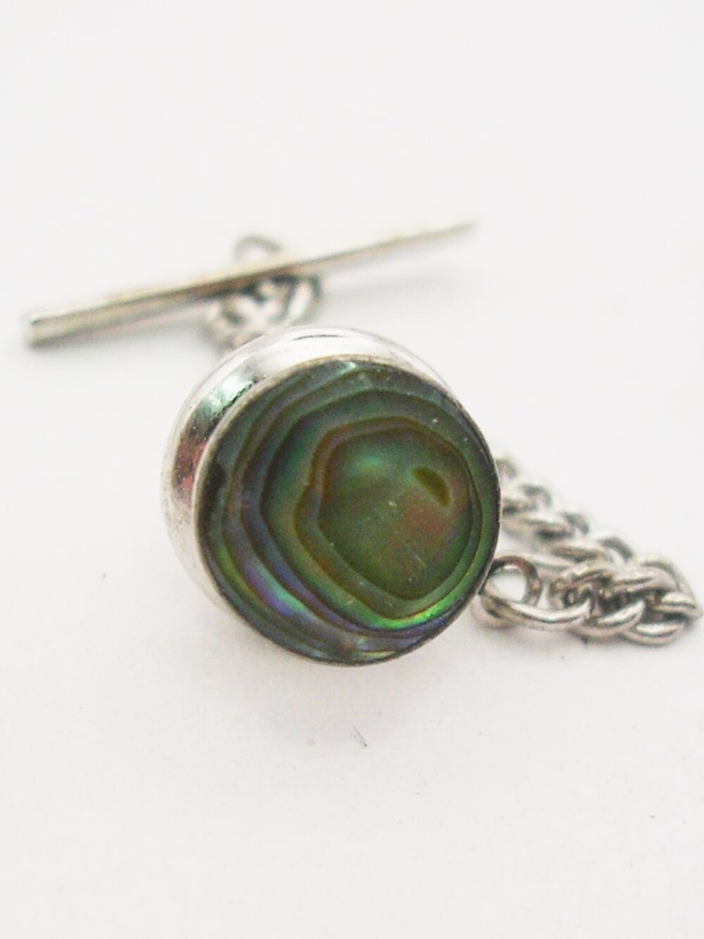 Vintage Tie Tack Pin Abalone Shell Sterling Silver Setting Men's Formal Wear